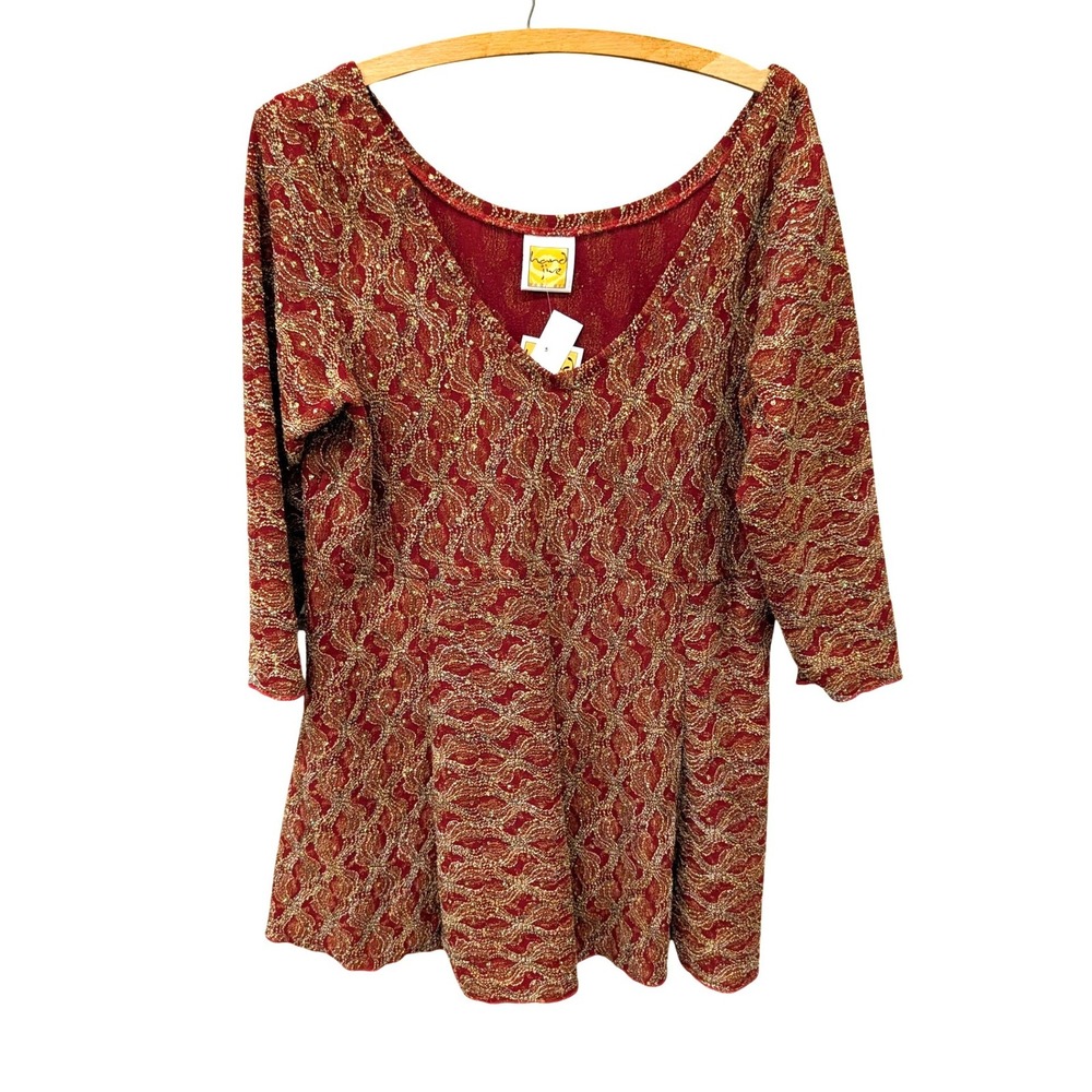 Hand Jive Wear‎ Art NWT Red Gold Metallic Knit V-Neck Peplum Top- Size L